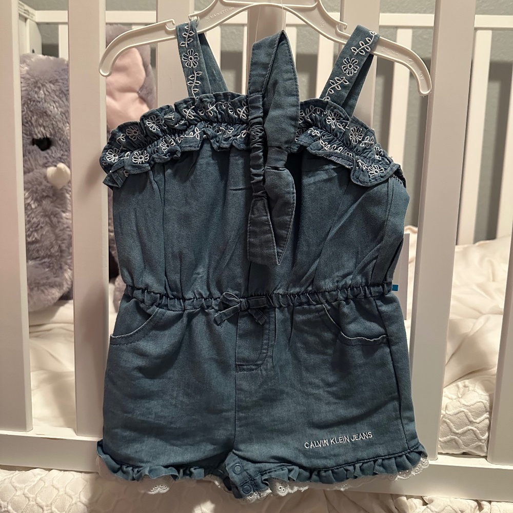 Calvin Klein Jeans baby girls 24M blue denim romper 3pc set headband